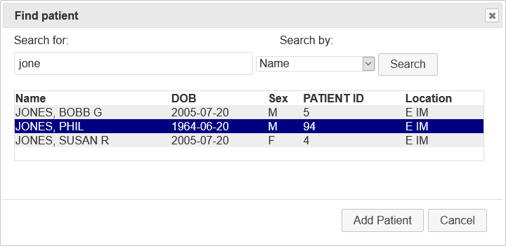 Highlighting Patient 
                          to Add Screenshot
